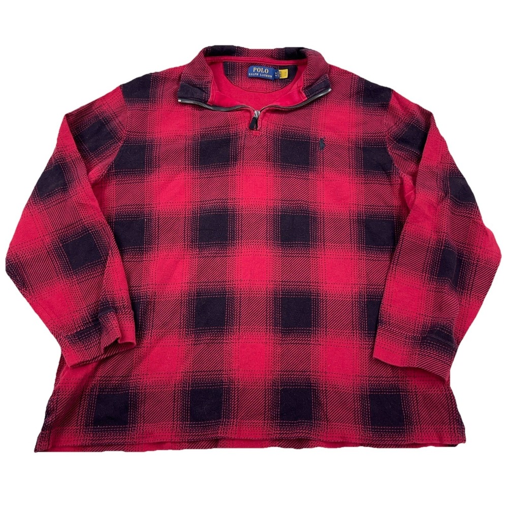 Polo Ralph Lauren Sweater Men XL Red Black Plaid Pullover Quarter Zip Sweatshirt